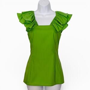 Charlotte Brody Ruffle Sleeve Blouse Chartreuse Green Square Neck Cotton Size XS